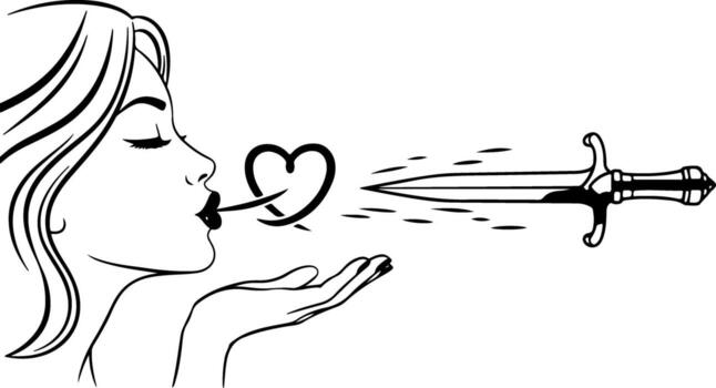 A woman blows a heart that transforms into a dagger, symbolizing the duality of love and betrayal, isolated on white background a poignant metaphor vector