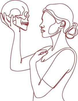 Isolated on white background, a thoughtprovoking line art illustration of a woman contemplating a skull, symbolizing mortality and introspection vector