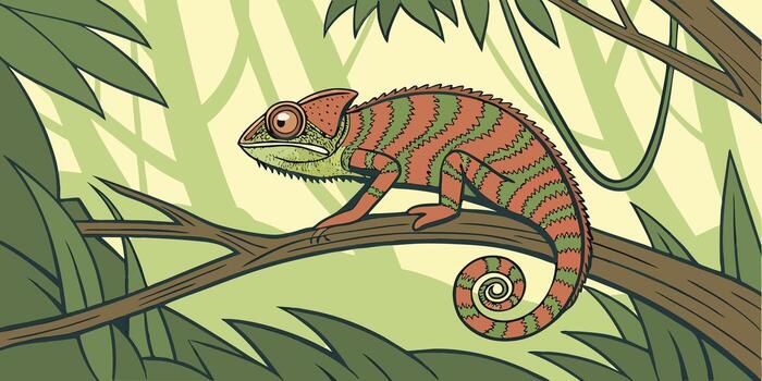 Chameleon on a branch in the jungle with leaves and trees vector