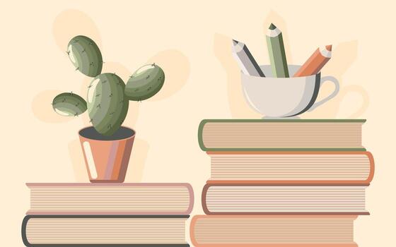 composición de un apilar de libros con un cactus y lapices en un taza para mundo libro y derechos de autor día. vector