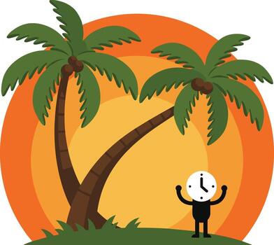 un hombre en pie en frente de un palma árbol con un reloj vector