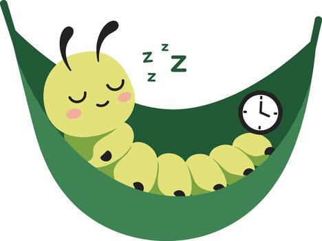 A caterpillar sleeping in a hammock with a clock vector