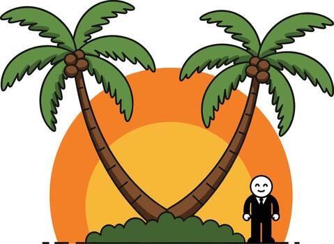 el hombre es en pie en frente de dos palma arboles vector