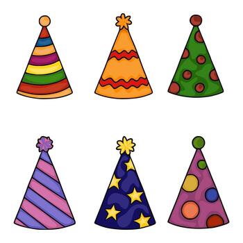 A illustration of six uniquely designed party hats, each featuring vibrant colors, distinct patterns stripes, wavy lines, polka dots, stars, and playful decorative elements on top. vector