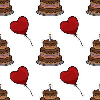 Seamless pattern featuring a delightful two-tiered chocolate birthday cake with a candle and a red heart-shaped balloon, creating a festive and joyful design. vector