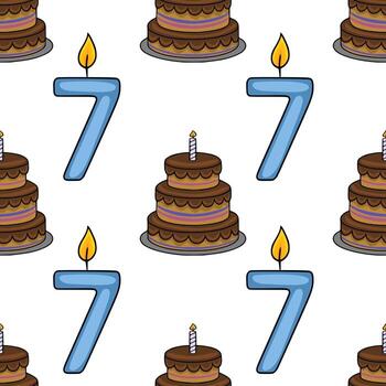Seamless pattern featuring a playful illustration of a two-tiered chocolate birthday cake with a lit candle and a number seven candle, creating a cheerful and festive design ideal for invita... vector