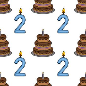 Seamless pattern featuring a playful design of two-tiered chocolate cakes with number two candles, perfect for birthday invitations or festive backgrounds. vector