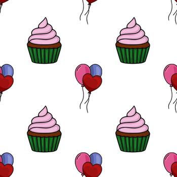 Seamless pattern featuring charming cupcakes with pink frosting and clusters of pink, blue, and red heart-shaped balloons on a white background, ideal for festive designs. vector