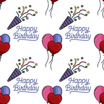 Seamless pattern featuring hand-drawn style birthday elements balloons in heart shape and round forms, party poppers, and a playful Happy Birthday script. vector