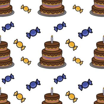 Seamless pattern featuring a delightful two-tiered chocolate birthday cake with a single candle and scattered blue and orange candies, creating a festive and cheerful design. vector