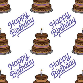A delightful seamless pattern featuring a two-layered chocolate birthday cake with a single candle and elegant Happy Birthday script in purple, perfect for festive designs. vector