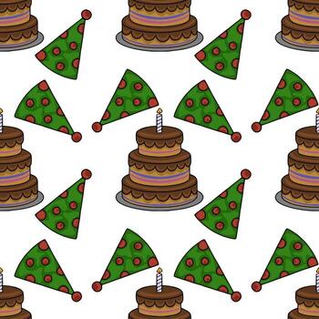 Seamless pattern featuring a playful design of chocolate layer cakes with candles and green party hats adorned with red polka dots, perfect for festive celebrations. vector