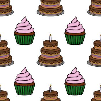 Seamless pattern featuring delightful cupcakes with pink frosting and two-tiered chocolate cakes with a single candle, creating a cheerful and festive birthday design. vector