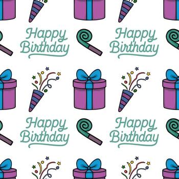 Seamless pattern featuring hand-drawn illustrations of gift boxes with blue ribbons, party horns, and the phrase Happy Birthday in a stylized teal script, creating a cheerful and festive d... vector