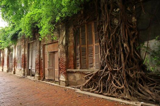 Ancient tree roots engulf weathered building with closed shutters on a brick street, creating a mysterious and captivating scene. photo