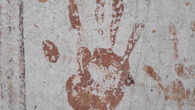 Handprint remains visible on weathered concrete wall, creating a textured surface with a rustic and aged aesthetic, evoking a sense of history and impermanence. photo