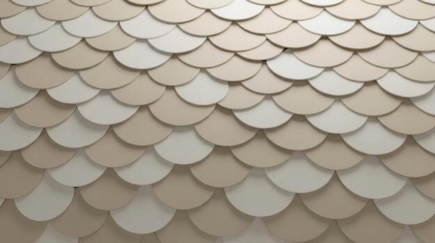 Close-up of a textured surface with overlapping, light-colored, scallop-shaped tiles creating a repetitive pattern photo