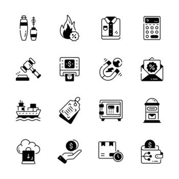 plano íconos representando varios financiero y negocio conceptos. vector