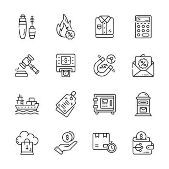 un colección de vistoso, plano íconos representando varios financiero y negocio conceptos.. vector