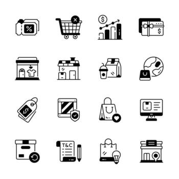 Flat Icons Representing Diverse Ecommerce and Retail Concepts. vector