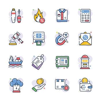 un colección de vistoso, plano íconos representando varios financiero y negocio conceptos. vector