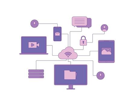 Design depicting various devices like laptops, phones, and tablets connected to a central cloud, symbolizing cloud computing and data synchronization. Perfect for technology, networking, data security vector