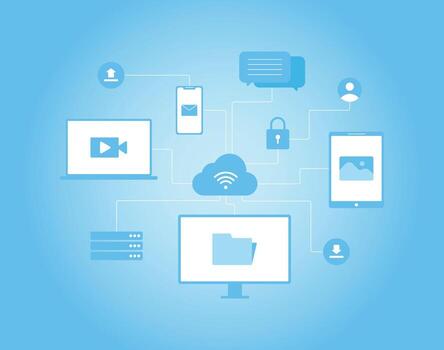 Modern cloud computing concept . Devices connected to cloud for data storage, sync, and security. Perfect for technology, business, and networking topics vector