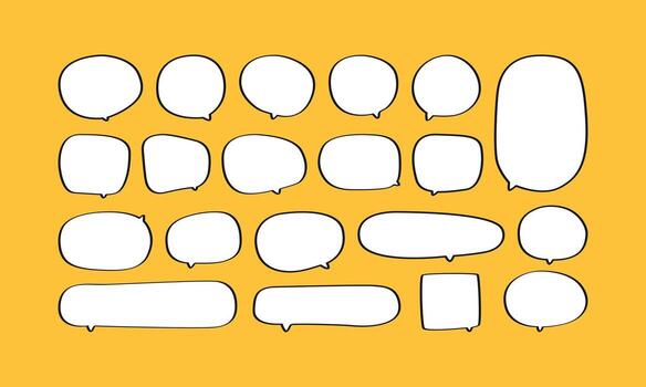 un colección de varios blanco dibujado a mano habla burbujas y cómic nubes en un amarillo antecedentes. Perfecto para agregando texto, diálogo, y pensamiento burbujas a gráfico diseños, historietas, y animado vector