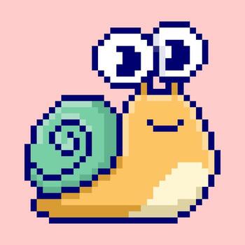 Adorable snail with big googly eyes, designed in a charming retro pixel art style. This cute 8-bit mollusk features a colorful shell and a friendly smile, perfect for mascot or character sprite vector