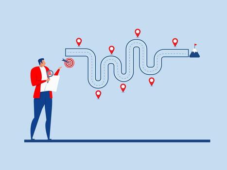 Businessman roadmap step planning or progress concept project Waypoint icons and ends with goal achievement workflow or process timeline to success vector