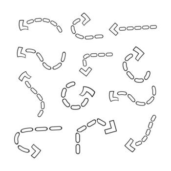 Set of Curved and Straight Dashed Arrows Illustration. A collection of dashed arrows in various curved, circular and straight directions. vector