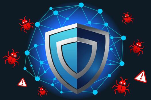 An illustration of a shield protecting against malware and cybersecurity threats in a digital network environment vector