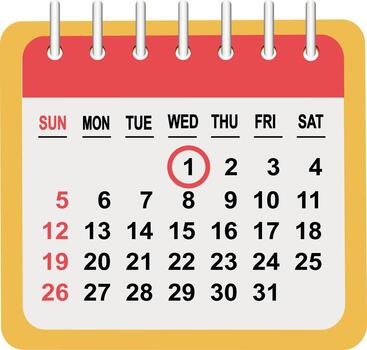 Calendar layout representing the first day of a month with highlighted date and day of the week for easy reference vector