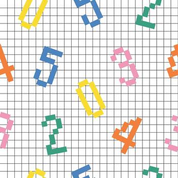 Colorful pixelated numbers on checked paper background. Seamless pattern. vector