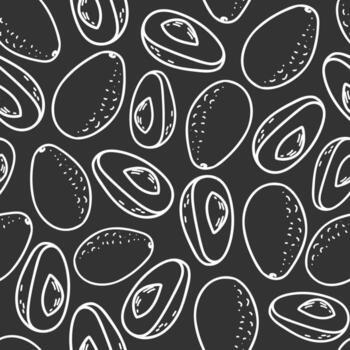 aguacate sin costura gráfico modelo en minimalista estilo mano dibujado blanco línea dibujo de todo Fruta y cortar rebanadas aislado en un negro antecedentes. para producto embalaje, menú y tela huellas dactilares. vector