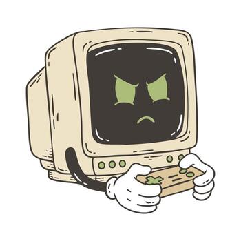 Retro Doodle Cartoon of Computer Character Playing Game vector