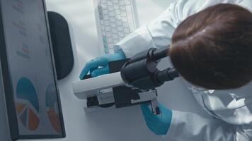A scientist wearing gloves executes detailed microscopic analysis, documenting findings on a computer while utilizing advanced lab equipment in a clean, modern research environment. video