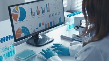 A dedicated research scientist in a lab coat meticulously analyzes complex data on a computer screen, highlighting the crucial intersection of technology and biology in their work video