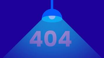 un techo lámpara ilumina el 404 error número en un en tonos azules escena, sugerencia un destacar en desaparecido o oculto página web información video