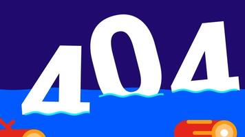 en vibrerande illustration av en 404 fel sida visar stor vit tal flytande på blå vatten, symboliserar en saknas eller förlorat webb sida i en lekfull sätt video