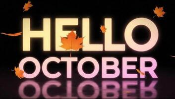 dynamisk Hej oktober text animering med faller höst löv och reflexion. video