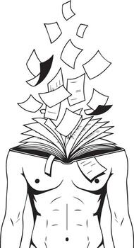Knowledge Embodied An imaginative graphic depicting a figure with an open book forming their head, pages and knowledge cascading outwards, symbolizing enlightenment. vector