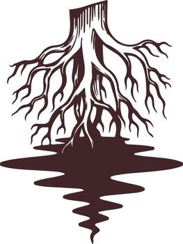 Nature's Foundation An illustrated depiction of a tree's robust root system, intricately detailed and reflected perfectly on still water, conveying a message of grounding and connection. vector