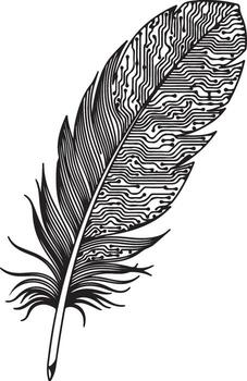Feather in Digital Ink A striking digital illustration merging the delicate form of a feather with the intricate circuitry of computer technology. vector