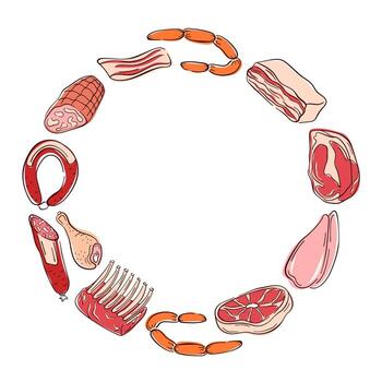 Assorted meat cuts, sausage, ham, bacon, ribs, steak and chicken arranged in a circular frame on white background for culinary and food design themes in flat style. vector