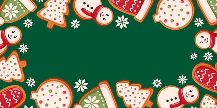 Christmas gingerbread cookie frame border with snowmen, tree and decorated treat on green background with white snowflake and empty center space in cartoon style. vector