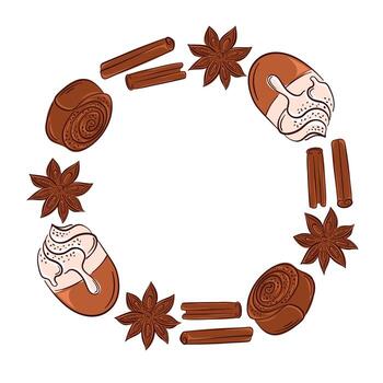 Circular wreath frame with flat style cinnamon roll, stick, coffee and star anise on white background with empty center for spice store, cafe design. vector