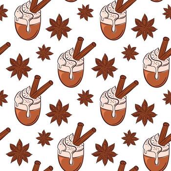Seamless pattern with cinnamon stick, star anise and latte cup topped with cream and spice drawn in flat style. Perfect for bakery package, breakfast cafe wallpaper and spice store background. vector