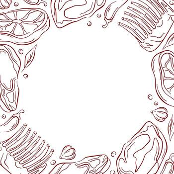 Frame with assorted raw meat cuts with herb, pepper, garlic and spice on a white background in line art style. vector