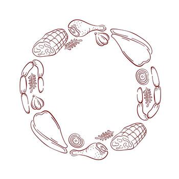 Circular frame of assorted meat product, sausage, ham, chicken, drumstick, garlic, onion and herbs on a white background in line art style. vector